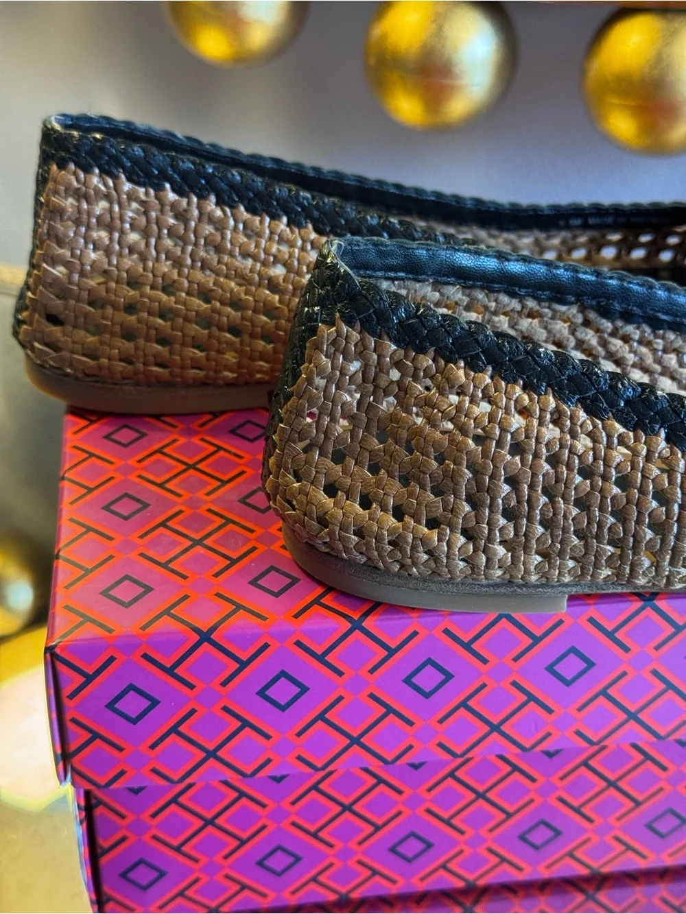 Tory Burch Tan and Black Woven Logo Ballet Flats - Size 9.5